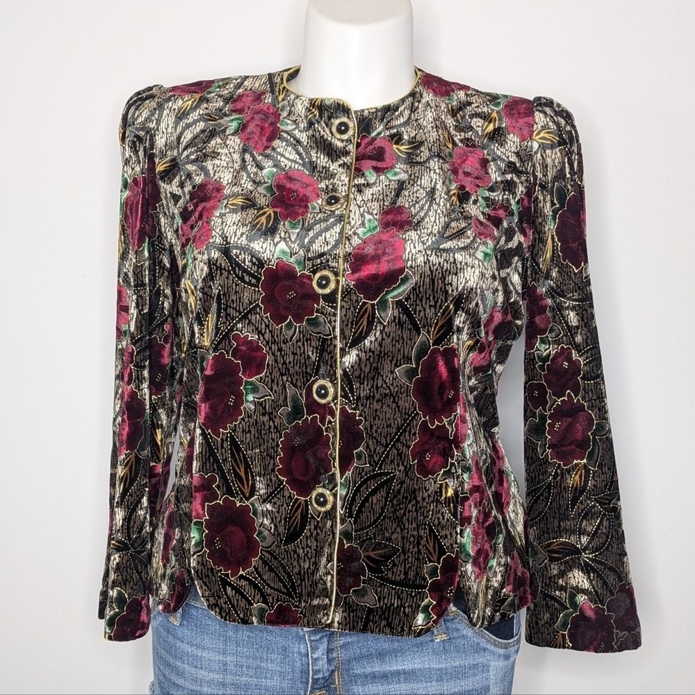 Vintage R&K Black Tab Red Floral Velvet Button Up Dress Jacket XLP